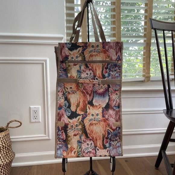 Vintage Cat Tapestry Wheeled Shopper Bag Tote Collapseable - Picture 2 of 13